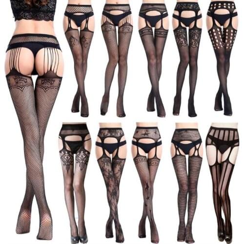 ZZIYEETTM 1 Pair Hot Black Lace Stockings Women Sexy Fishnet Jacquard Lingerie Thigh High Transparent Mesh Pantyhose