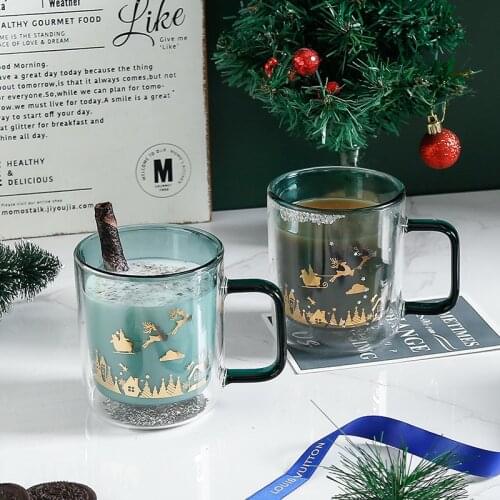 Double Glass Christmas Wishing Cup Cold Resistant Heat Resisting Glass with Handle Cartoon Print Star Patch Milk Coffee Cup
