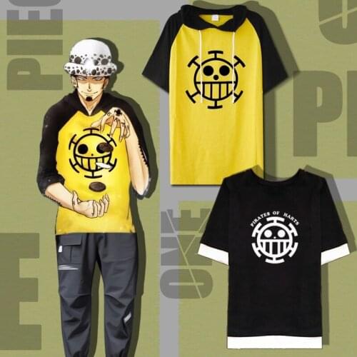 Anime One Piece Law T-shirt Cartoon Short Sleeve Lovers' Wear Summer Leisure Hooded Shorts Trafalgar Law Cosplay Costumes Cloths