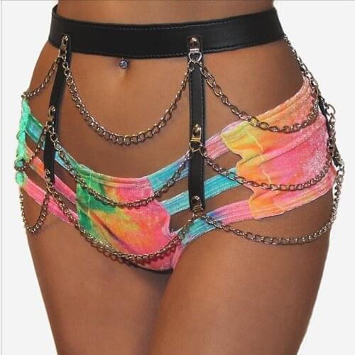 Hot Sexy Punk Metal chain waist belt for Men Women unisex black faux leatherpin buckled chain tassel belt girdle night club