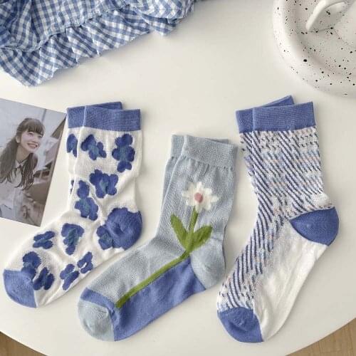 Personality Blue Flower Female Middle Tube Japanese Spring and Summer Cute Color Matching Breathable Mesh Jk Socks College Style