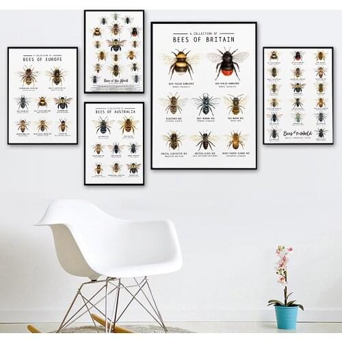 Bees Collection Print Animal Poster Kitchen Wall Art Canvas Painting Wall Pictures for Living Room Classroom Home Decor No Frame