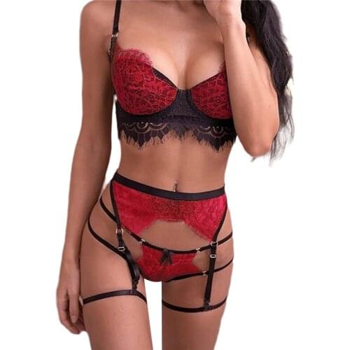 3pcs/Set Women Sexy Lingerie Set Lace Babydoll Open Bra Set G-String Underwear For Woemen Nightwear Bra & Brief Exotic Sets 2020