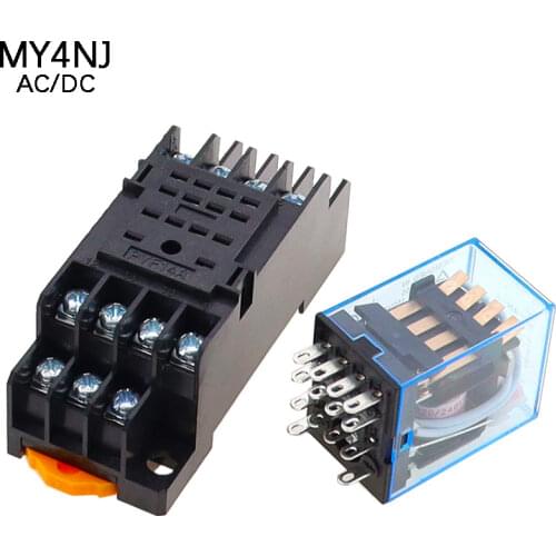 1 set MY4NJ small Electromagnetic Power Relay AC 12V 24V 36V 48V 110V 220V 380V Coil 4NO 4NC DIN Rail 14 pins + Base Mini relay