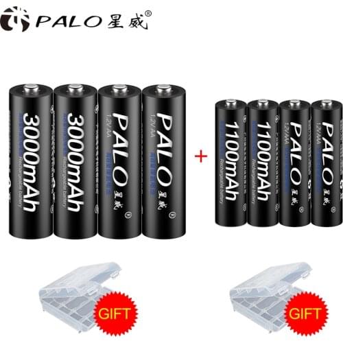 PALO 4Pcs 1.2V 3000mAh AA Batteries+4Pcs 1.2V 1100mAh AAA Batteries NI-MH AA/AAA Rechargeable Battery with Battery Box Gift