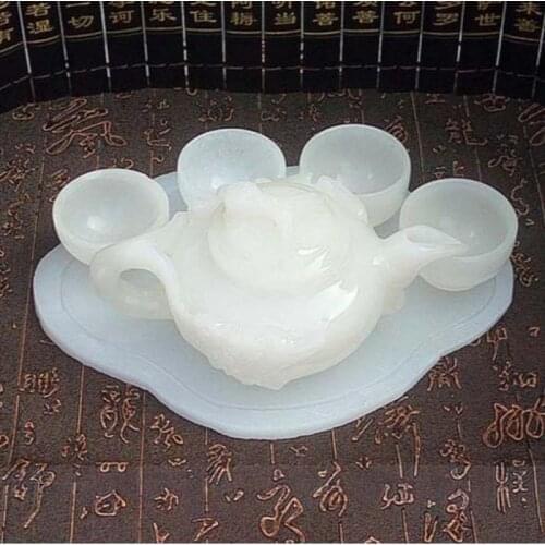 Handmade jade carving natural white jade Kungfu teapots and bowls in China