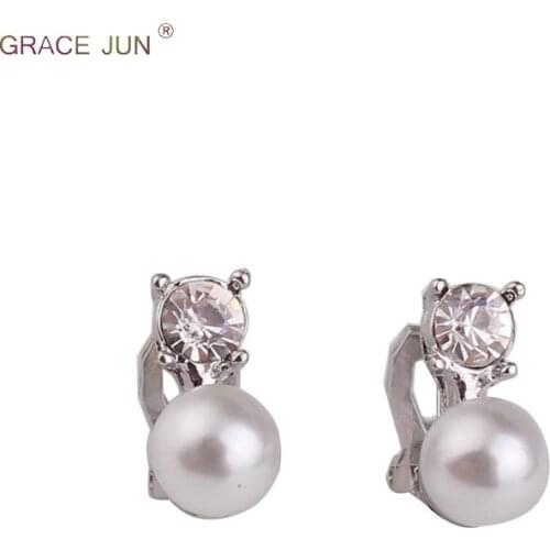 GRACE JUN New Arrival Rhinestone Simulated Pearl Clip Earrings for Women Party Fashion Cute No Pierced Earring Factory Wholesale