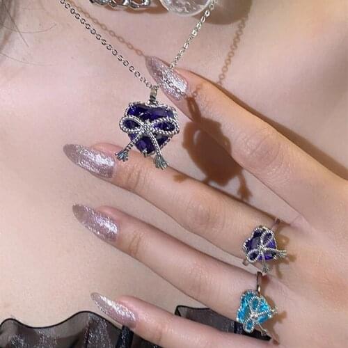 Korean Fashion Shiny Crystal Heart Necklaces For Women Ladies Elegant Metal Bowknot Pendant Party Jewelry