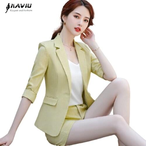 Yellow Suits Women Design Summer Thin 2021 New Fashion Half Sleeve Casual Blazer Office Ladies Formal Work Coat