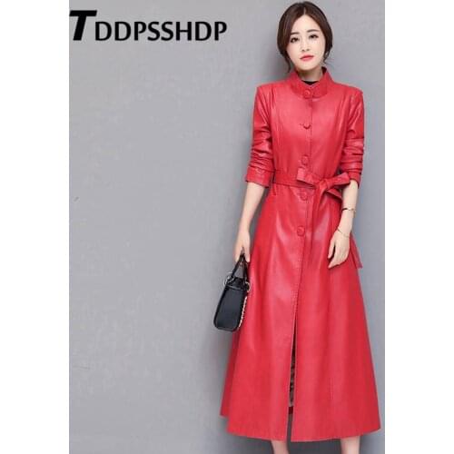 2019 Plus Size M-5XL Red and Black Pu Leather Women Long Coat Single Breasted Stand Collar High Street Female Jacket
