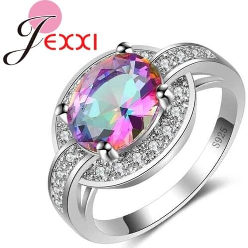 Gorgeous Halo Colorful Clear Crystal Rings 925 Sterling Silver Finger Jewelry for Women Christmas Anel Feminino