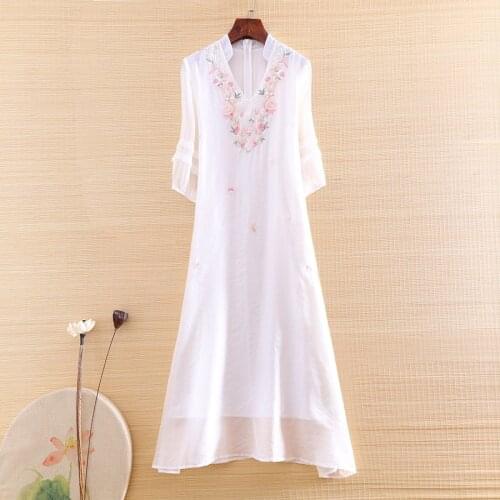 High-end Summer Women Chinese Style Cheongsam Zen Tea Dress Retro Elegant Embroidery Loose A-line Lady Party Qiapao Dress S-XXL