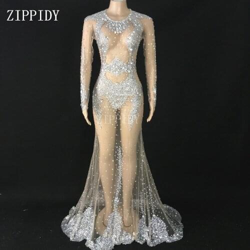 Fashion See Through Silver Rhinestones Long Tail Dress Women Celebrate Transparent Dress Prom Mesh Stretch Outfit Women Dresses
