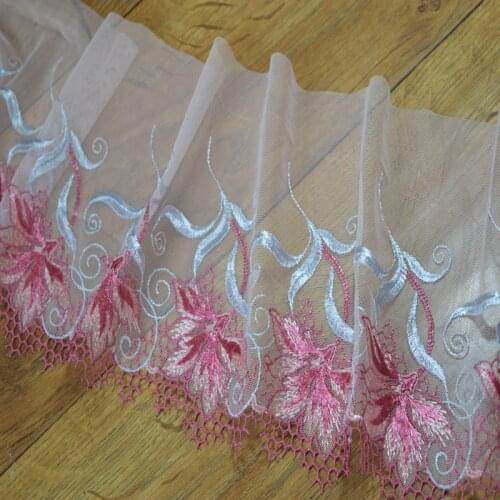 2yds/lot)transparent gauze pink shiny silk embroidery floral blue leaves Venise Venice Lace Trim Applique Sewing Craft 1731803