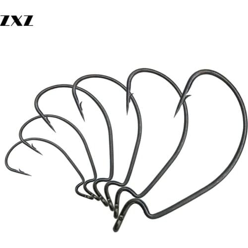 50pcs/lot High Carbon Steel Crank Offset Worm Fishing Hooks Barbed Hook Super Big Black Wide Gap Crank Hook 7 Sizes Fishhooks
