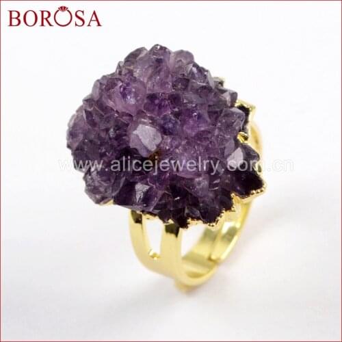 BOROSA 5PCS Freedom Raw Amethysts Gold Plated Adjustable Rings,Size 6.5 Natural Crystal Druzy Ring Jewelry for Party Gifts