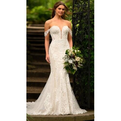 Elegant Light Champagne Off Shoulder Sweetheart Wedding Dresses Backless Lace Appliqued Bridal Gowns