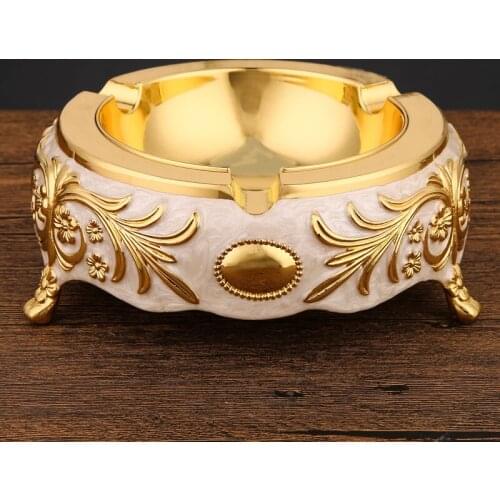 European Shiny Gold Silver Plating White Blue Enameled Flower Leaves Branch Design 11, 14, 18cm Round Footed Zinc Alloy Ashtray