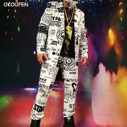 Customized black and white letter print graffiti suit hip hop medium long suit Nightclub singer DJ costume hairdresser tide suit