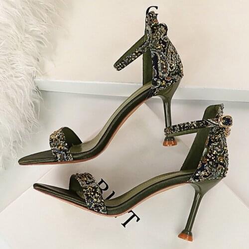 New Women 8.5cm High Heels Sandals Lady Silk Stripper Strap Stiletto Sexy Sandles Wedding Bridal Green Crystal Pleaser Shoes