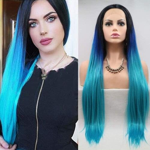 Ombre Blue Synthetic Lace Front Wigs for Women Bright Long Straight Lace Wig with Baby Hair Dark Roots Blue Wig Cosplay Daily Us