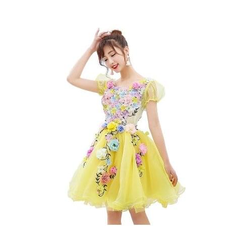 Free ship yellow/blue bubble flowers tutu lovely sleeve short lolita dress/stage performance/studio/can customs size