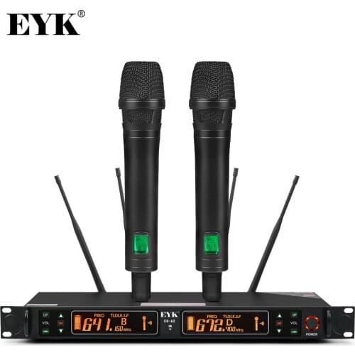 EYK EU-62 True Diversity 2 Handheld UHF Wireless Microphone 2*100 Channel Selectable Frequency Perfect for Stage Vocal Concert