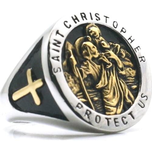 Unisex Saint Christopher Protect Us Cross 316L Stainless Steel Ring