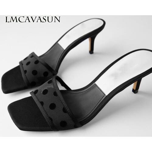 LMCAVASUN 2020 New Summer Sexy Women Med heel Slide Sandals Black Polka Dot Air mesh Female Slippers Outside