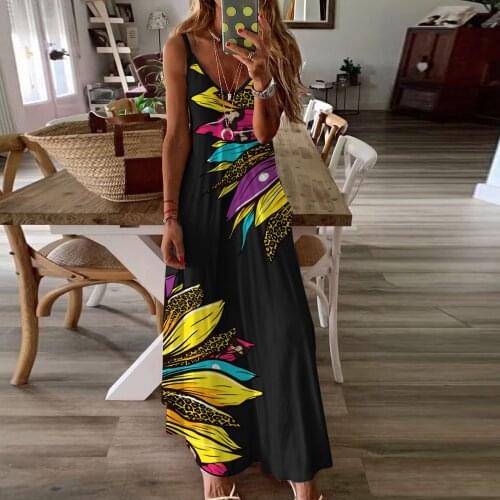 Hillsionly Plus Size Womens Floral Pattern Printed V Neck Sleeveless Casual Dress Maxi Beach Suspender Dress For Women 2021