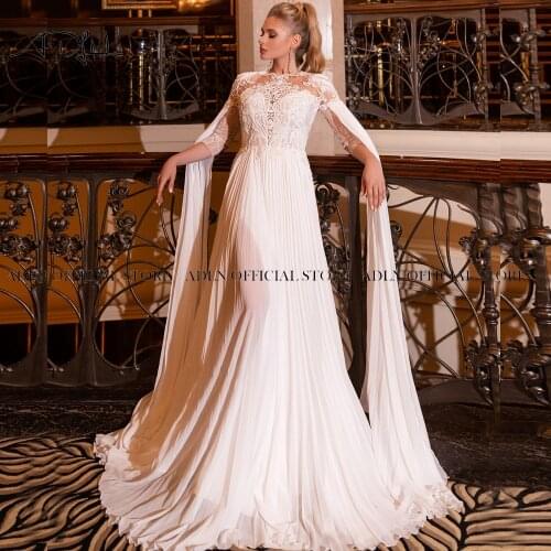 ADLN Jewel 3/4 Long Sleeves Boho Wedding Dresses with Cloak Chiffon Beach Bridal Gown Pearls Lace Bride Dress Vestido de Novia