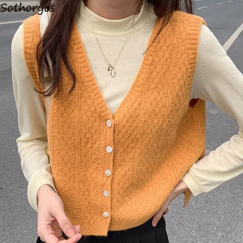 V-neck Sweater Vests Women Solid Modern Popular Knitwear Cropped Single Breasted Tender Ladies All-match Streetwear Korean Retro