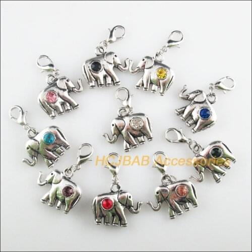 10Pcs Tibetan Silver Tone Elephant Retro Mixed Round Crystal 18x20.5mm With Lobster Claw Clasps Charms