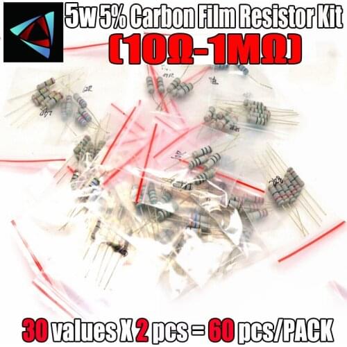60PCS/LOT 5W resistor package 5% 10R-1M 30Values*2=60Pcs Carbon Film Resistor Commonly kits Metal Oxide Film Resistors kit