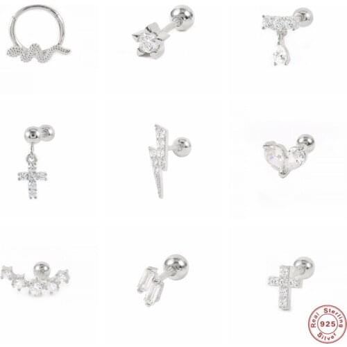 GS 925 Sterling Silver Mini Snake Stud Earrings White Zircon Lightning Bolt Cross Flower Cartilage Ear Studs Piercing Jewelry