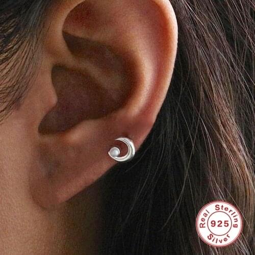 AIDE Sweet Moon Stud Earrings For Women Trendy Pearl Moon/Star Piercing 925 Sterling Silver Earrings Fine Jewelry Gift kolczyki