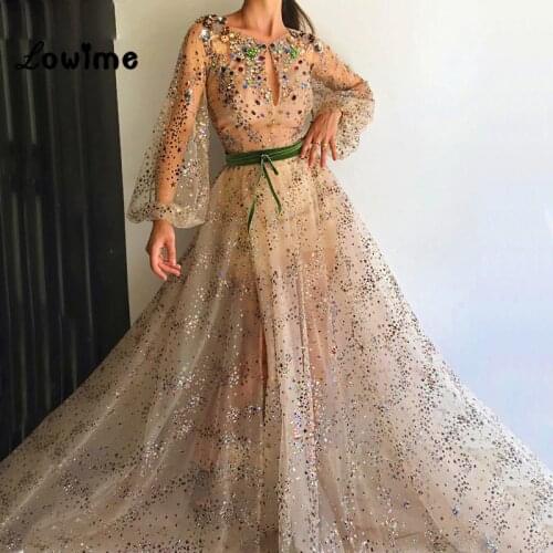 Arabic Glitter Sequin Long Sleeves Formal Evening Dress Engagement Party Dress 2019 Abendkleider Beaded Prom Dress Gowns Abiye