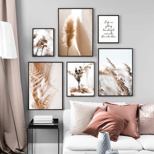 Beige Reed Dried Flower Plant Landscape Picture Canvas Painting For Living Room Decoration Wall Decor