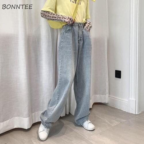 Jeans Women Washed Fashion Full Length Soft Button Design Summer Baggy Straight Simple All Match Teens Trousers Preppy Street