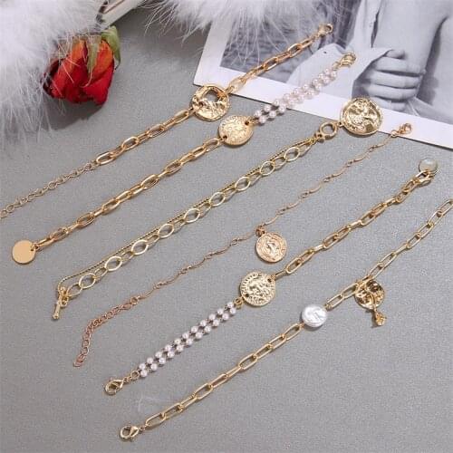 FNIO Retro Charm Imitation Pearl Bracelet Bangle for Women Armband Steampunk Coin Chunky Chain Bracelets Friend Couple Jewelry