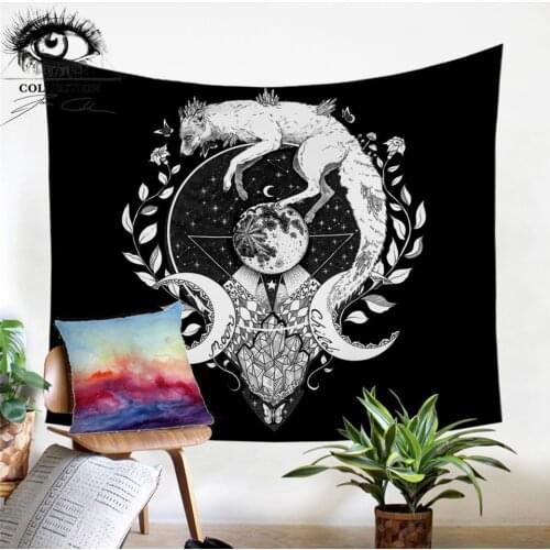 Moon Child Black by Pixie Cold Art Tapestry Wolf Galaxy Wall Hanging White Fox Wall Carpet Planet Boys Home Bedspreads 150x200cm