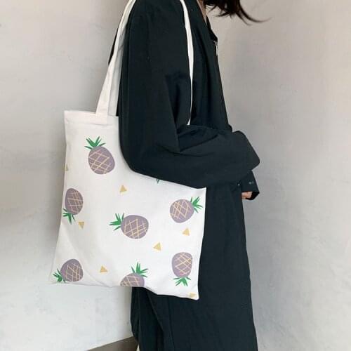 Canvas Shoulder Bags Women Japan Korean Style Pineapple Printed Shopping Bag Ladies Handbag Tote Casual Beach Bag