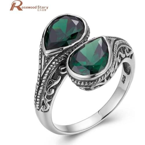 Vintage Silver Rings For Women Real 925 Sterling Silver Emerald Ring Gemstones Wedding Water Drop Gothic Womens Jewellery Luxury