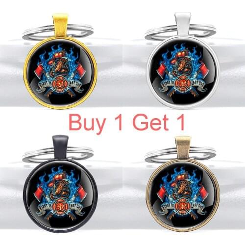 Buy 1 Get 1 First in Last Out Fire Dog Glass Dome Pendant Key Chain Classic Men Women Firemen Jewelry Gifts Key Rings