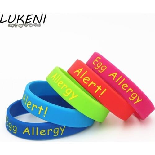 LUKENI 5PCS Medical Alert Egg Allergy Silicone Wristband Kids Size Blue Green Red Pink Armband kids Braceets&Bangles Gifts SH204