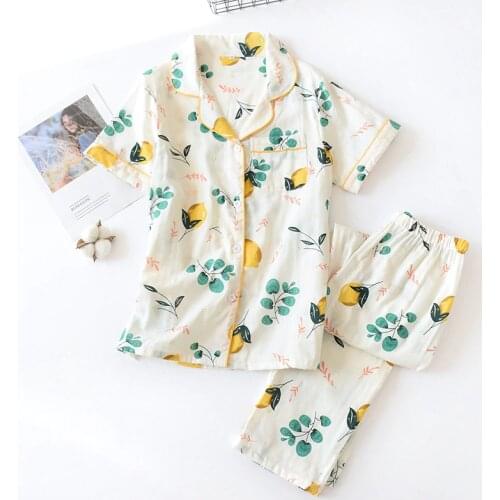 100% Cotton Pyjamas Women Short Sleeves Trousers Pajamas Set Ladies Cute Cartoon Print Sleepwear Japanese Simple Homewear Pijama