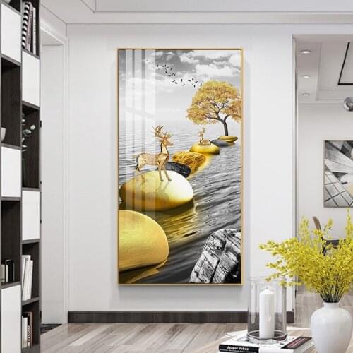 Gold Deer Tree and Bird Canvas Painting Poster Golden Night Wall Art Print Modern Picture for Living Room Corridor Aisle Decor