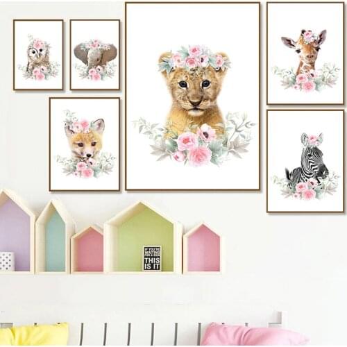 Elephant Giraffe Canvas Posters Baby Nursery Wall Art Print Pink Flower Animal Nordic Picture Kids Bedroom Painting Home Decor