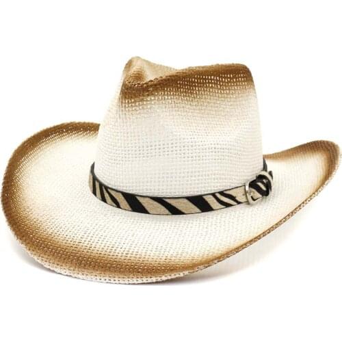 Trendy Summer Brown Spray-Painted Paper Straw Cowboy Hats Men Women Wide Brim Beach Sun Protection Hat White Jazz Panama Cap
