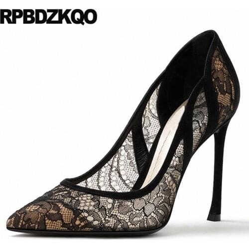 High Heels 2021 Black Mesh Size 4 34 Sexy Thin Pointed Toe Celebrity Chic Sandals Ladies Dress Shoes 3 Inch Lace Runway Pumps